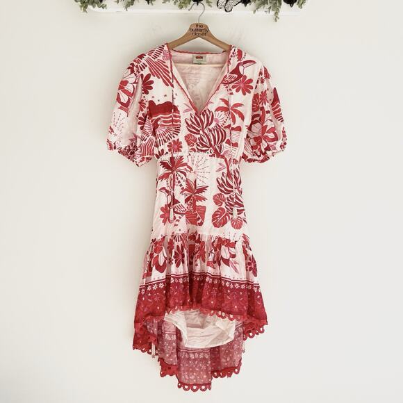 FARM Rio Dresses & Skirts - Farm Rio Tiles Red Floral Puff Sleeve Open Back Cotton Mini Sundress Size XL
